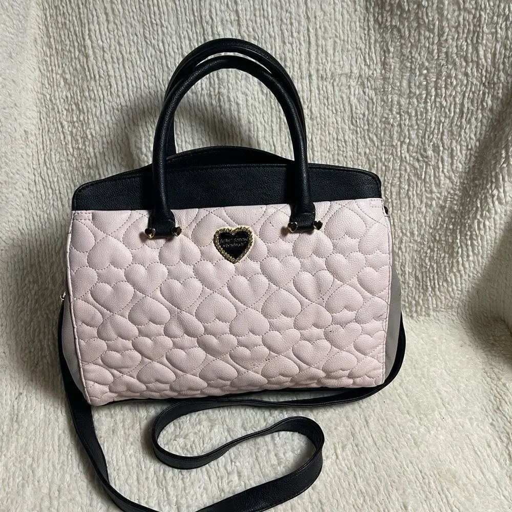 Betsey Johnson Heart Quilted Pink , Black & gray strims & strap Satchel